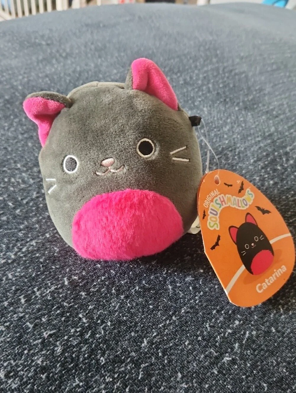 Squishmallows Gray Plush Cat Toy with Bright Pink Accents